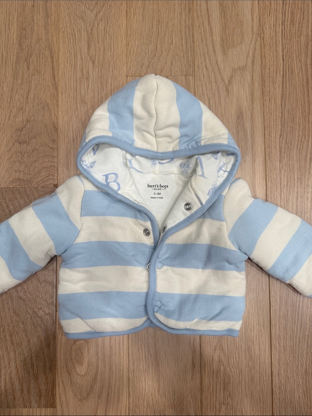 Burt's Bees Baby organic cotton Light Blue white Striped Hooded insulated Jacket